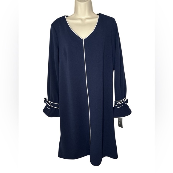 Sharagano Navy Blue Midi Dress with White Accents - Picture 6 of 10